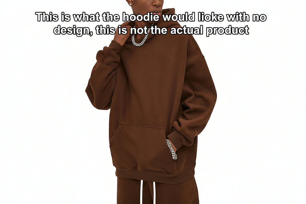 Brown hoodie worn by a person on a white background